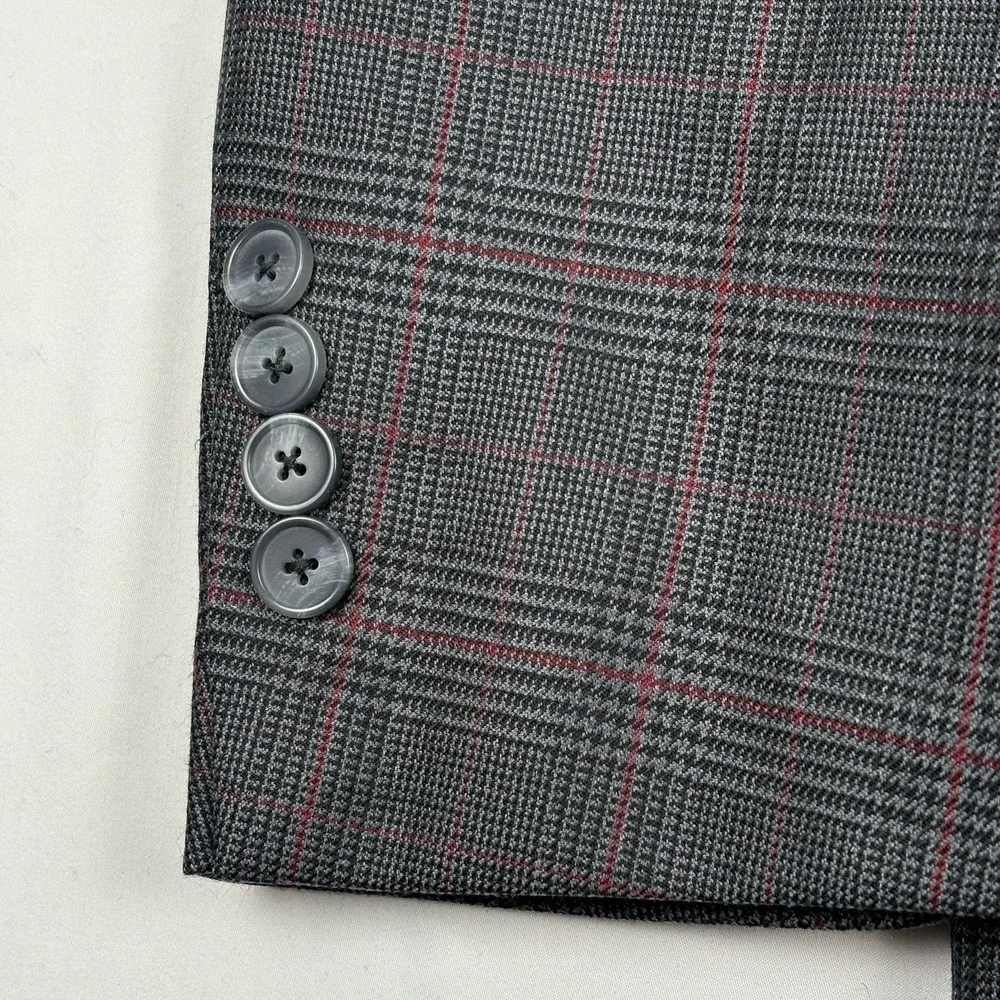 Turnbury Wool Silk Prince of Wales Check Sport Coat 48R Gray Maroon Windowpane